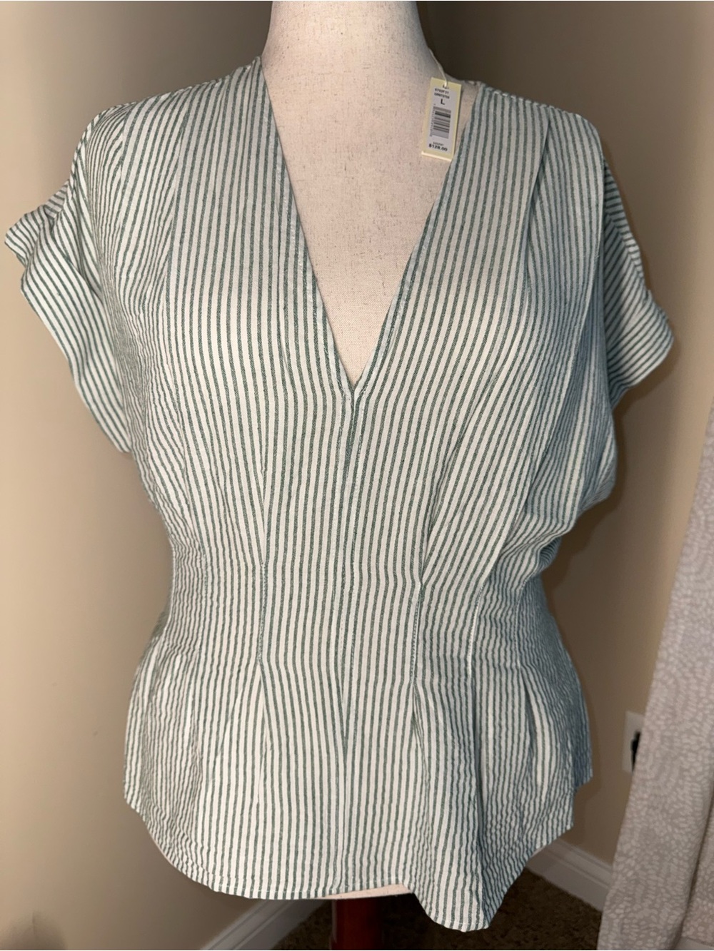 Max Studio Mint Green and White Striped V-Neck Blouse